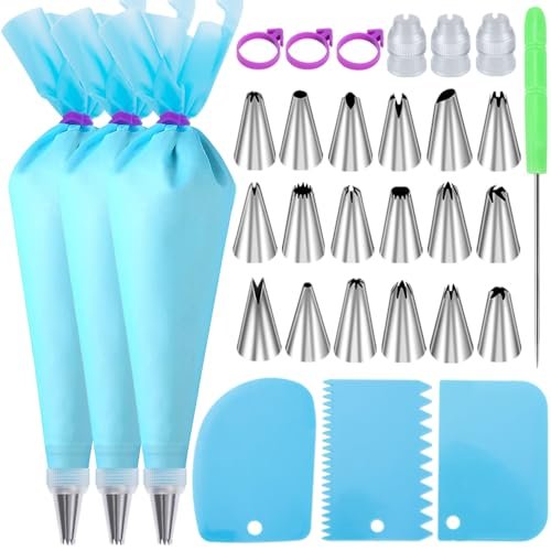 Piping Bags and Tips Set, Cakes Decorating Kit Supplies with 3 Reusable Pastry Bags, 18 Frosting Tips, 3 Couplers, 3 Bag Ties, 3 Cake Scraper, 1 Cake Decorating Tools for Cookie Icing