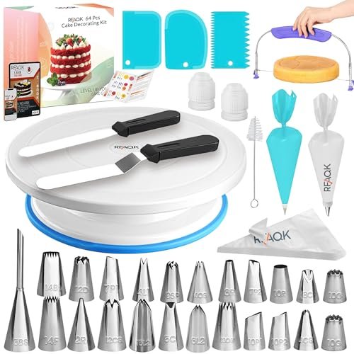 RFAQK 64 PCs Cake Decorating Kit for Beginners Includes Video Course, Booklet + Baking Supplies Gift - Cake Stand, Leveler, 24 Numbered Piping Tips, Straight & Offset Spatula, & Scraper sets