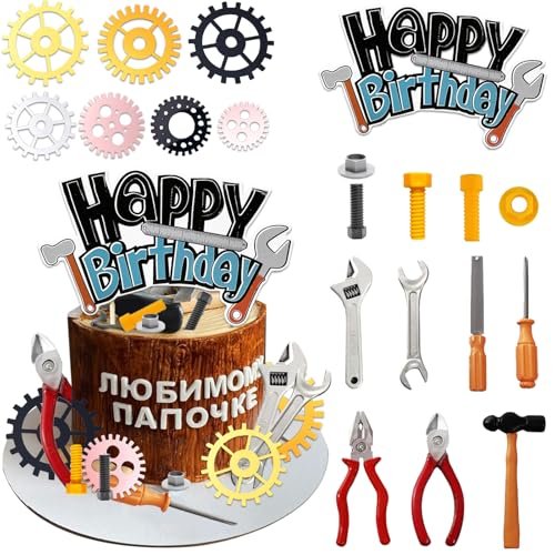 UFROMSKY 23pcs Tools Cake Toppers Toolbox Gear Wrench Hammer Drill Plier Cake Decorations with Happy Birthday Topper, for Boys Screwdrivers Themed Party Supplies