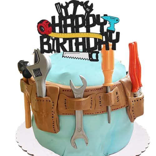 Cake Toppers For Men, Qoadwem Hand Tools Cake Topper Toolbox Wrench Hammer Mechanic Drill Plier Screwdrivers Themed Happy Birthday Party Cake Decorations For Men