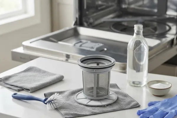 Soft bristle brush and mild soap for dishwasher filter maintenance