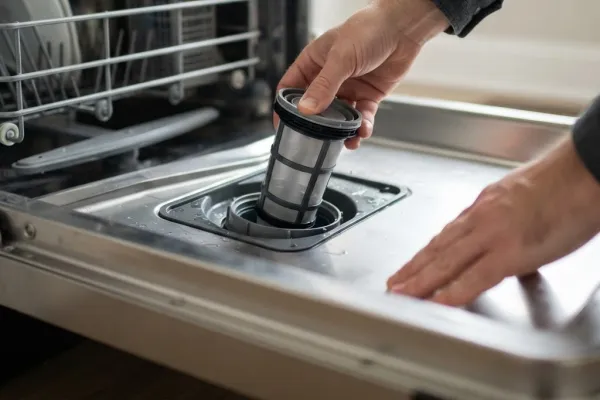 Lowering the clean filter assembly back into the dishwasher sump