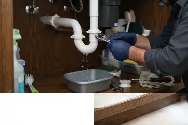 Hand tightening pipe fitting under sink during leak repair