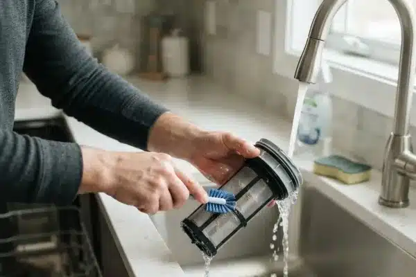 Hand scrubbing the fine mesh filter with a small cleaning brush