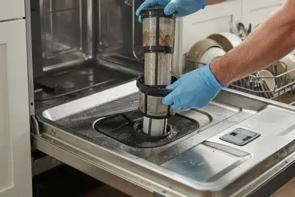 Inspecting the dishwasher sump for standing water and blockages