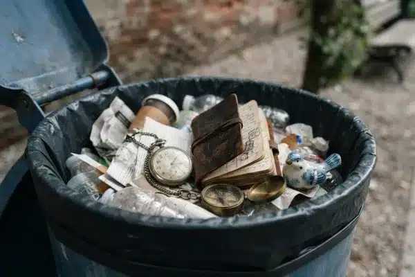 A person sorting through a trash can, uncovering recyclable bottles and an old smartphone