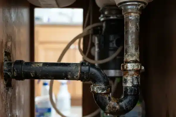 Corroded section of under sink pipe showing rust and damage
