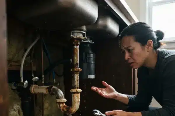 Plumber inspecting cabinet under kitchen sink with tools