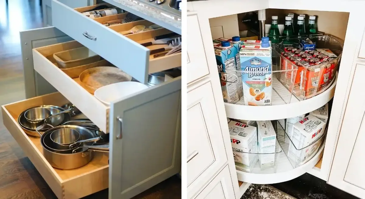Lazy Susan pull-out shelves tiered bins